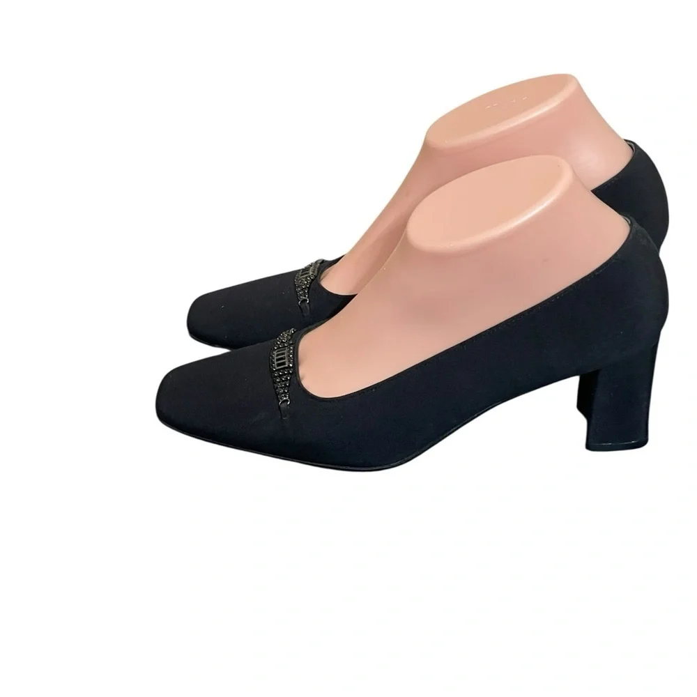 Stuart Weitzman‎ Pump Women's 7.5AA Black Fabric Embellish Slip On Block Heel